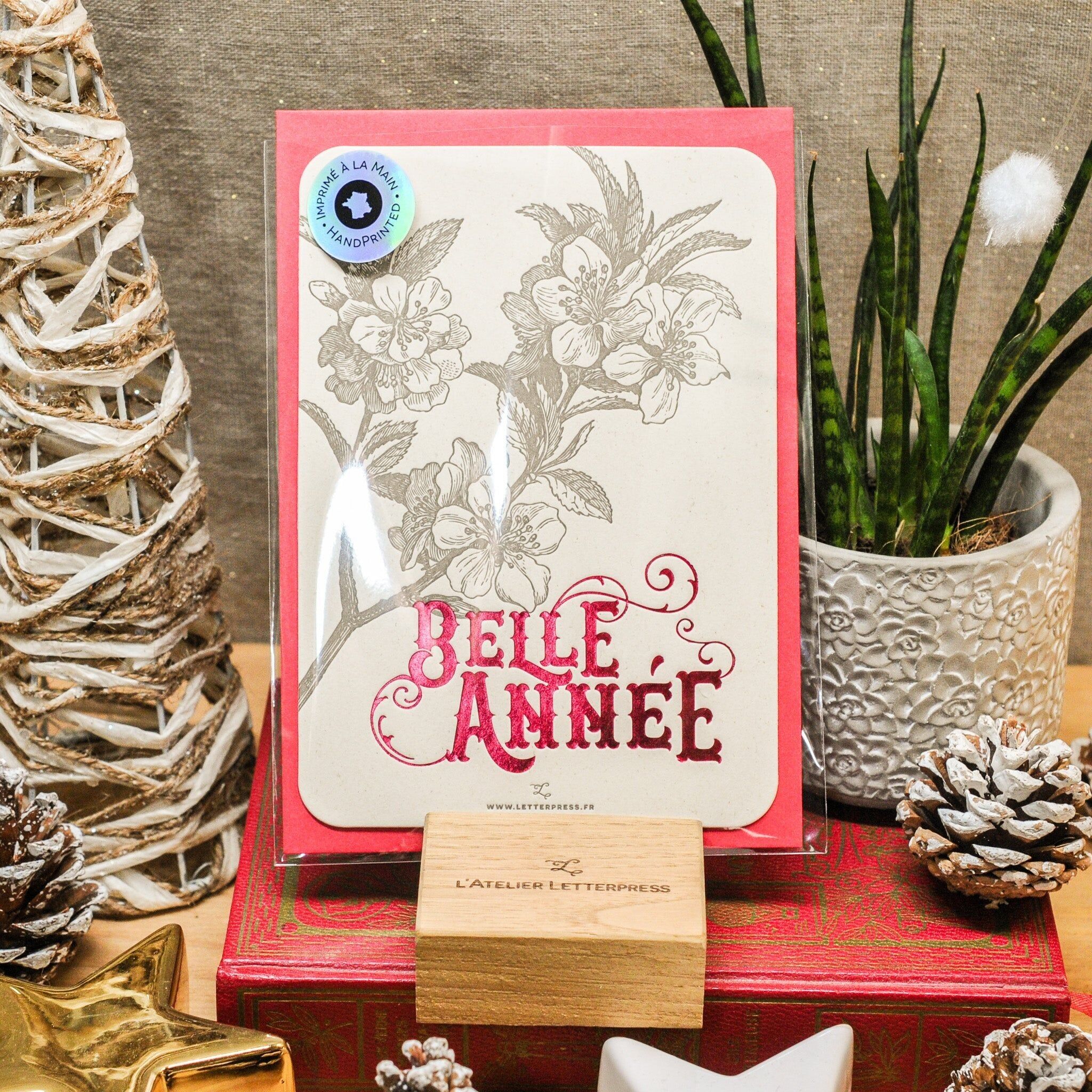 Letterpress Frohes Neues Jahr, Apfelblüten-Grußkarte, rot (mit Umschlag) Frohes Neues Jahr, neues Jahr