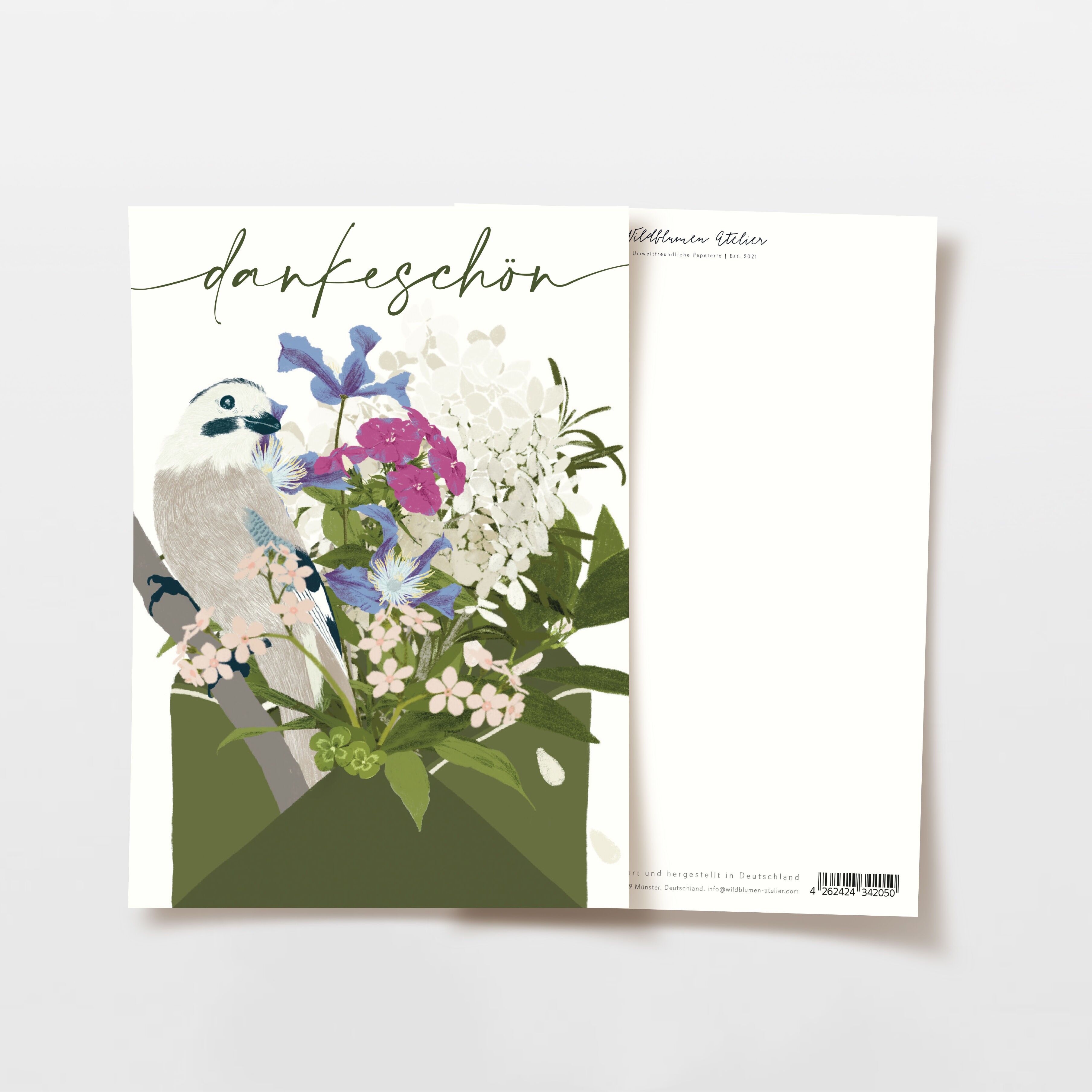 Biglietto di ringraziamento con uccello e fiori viola, grazie