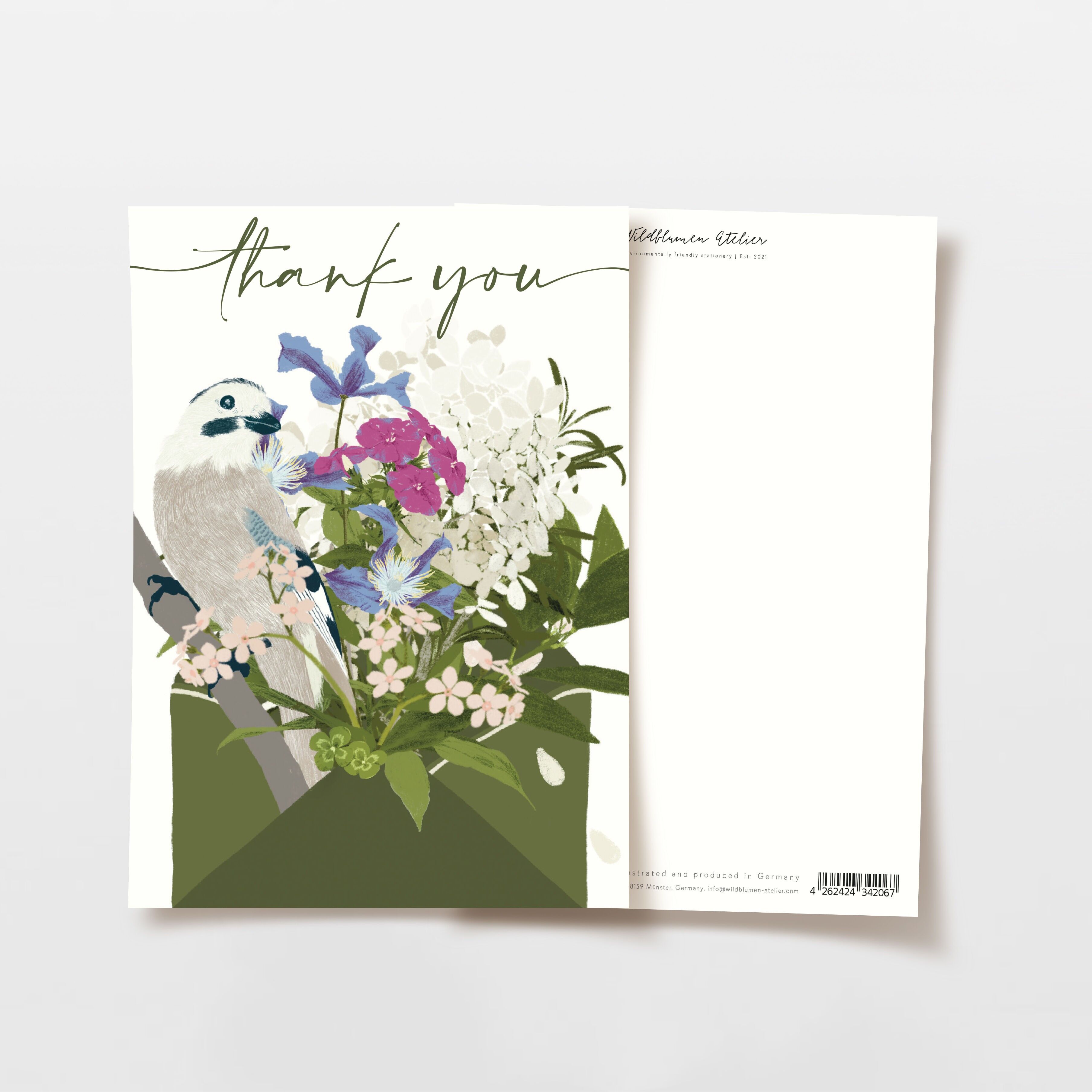 Biglietto di ringraziamento con uccello e fiori viola, grazie