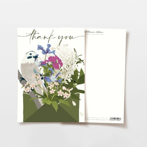 Dankeskarte Vogel und lila Blumen, thank you