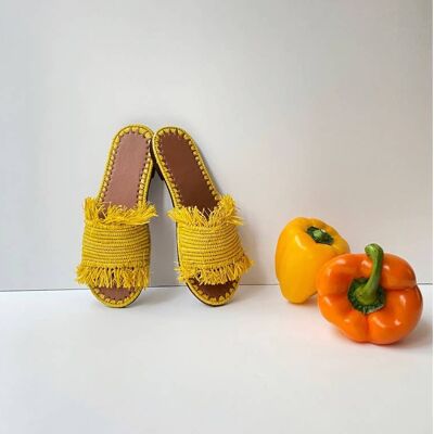 MULES PLANOS DE RAFIA,Sandalias de rafia, Sandalias de verano (Amarillo).