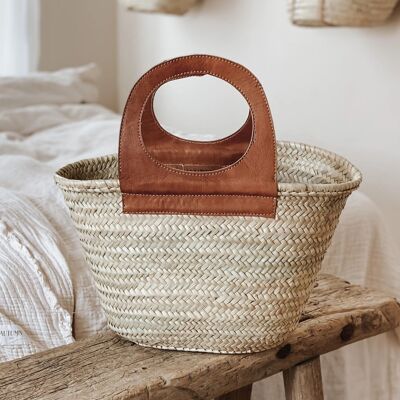 Cesta de mercado francesa, bolso de paja con piel - Marrón camel