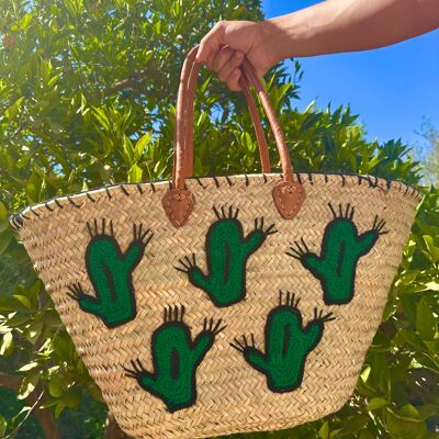 Bolso de paja marroquí con asas de cuero – Diseño de cactus.
