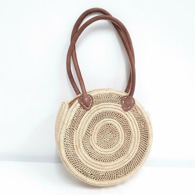 RAFFIA TOTE BAG WITH LEATHER HANDLES, Round raffia bag