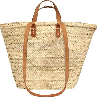Sac en paille fait main avec doubles poignées en cuir, panier de marché