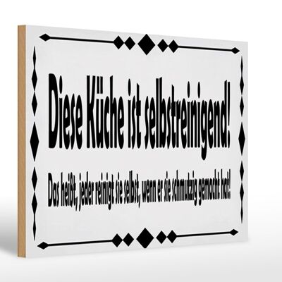 Cartel de madera con texto autolimpieza cocina 30x40 cm.