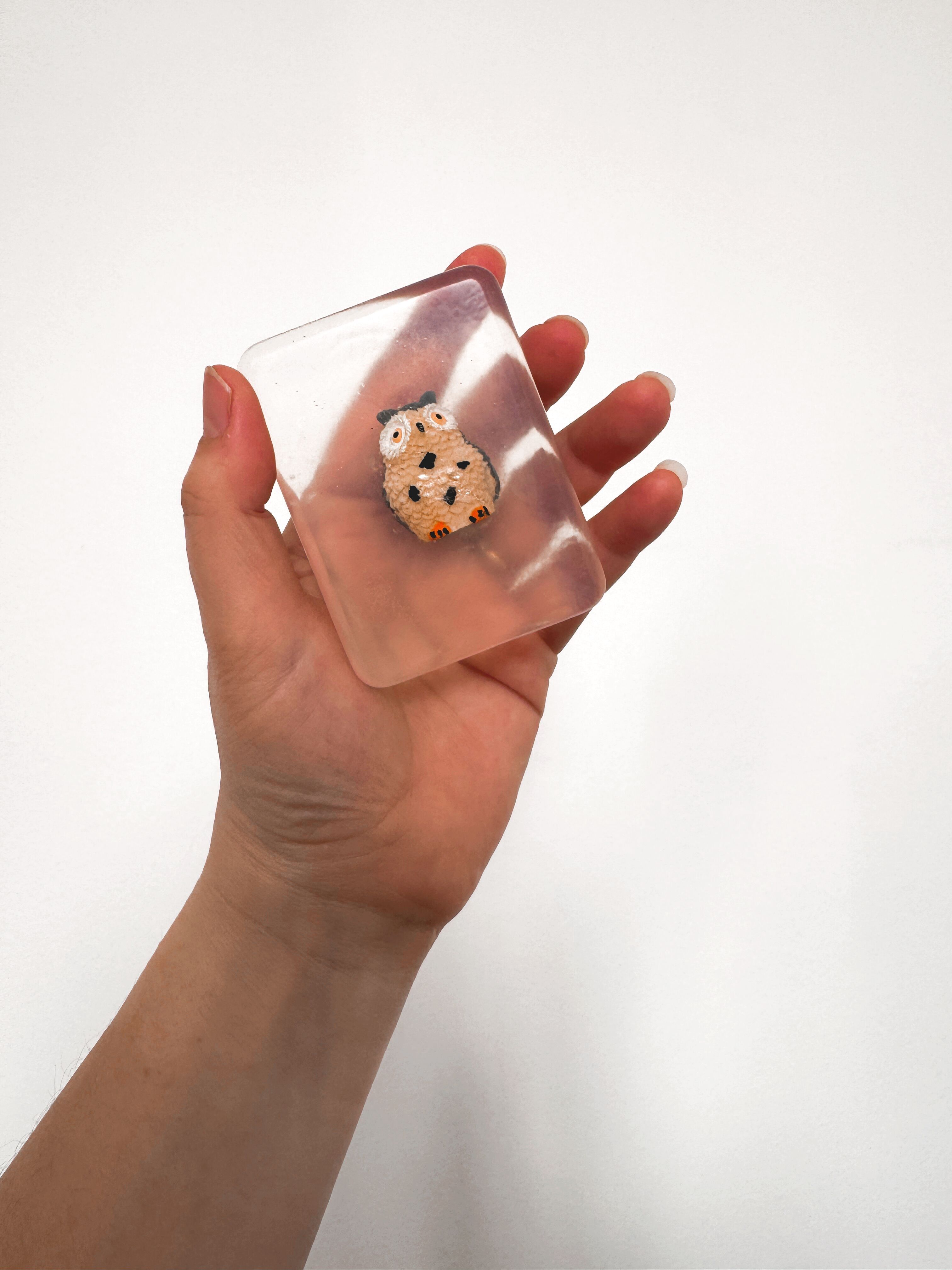 Sapone trasparente fatto a mano con statuetta di gufo