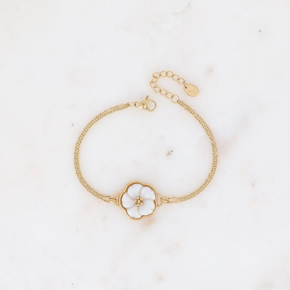 Bracciale - doppia catena e fiore piatto perlato 18 mm