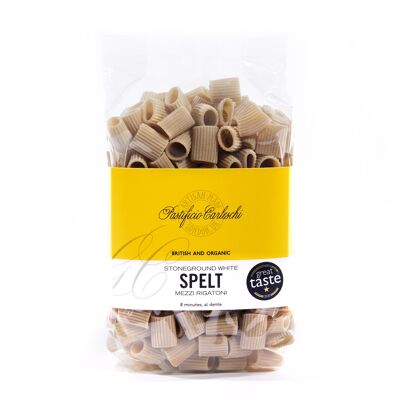 UK Agriculture - Organic White Spelt Mezzi Rigatoni, 400g compostable bags, Box of 10.