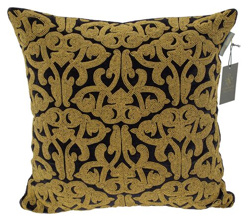 Pillowcase handmade embroidered black - gold beads - lakshmi