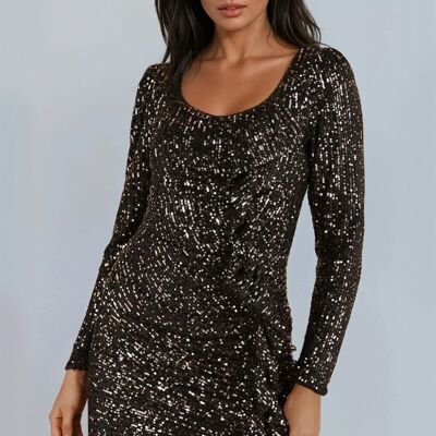 Black Gold Sequin Long Sleeve Bodycon Dress with Frill Detail