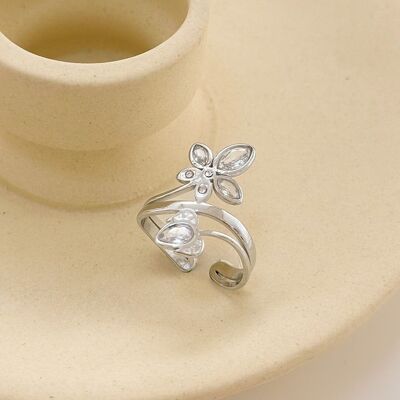 Silver Open Ring With Rhinestone Encrusted Flower And Bud