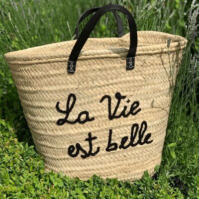 Bolso de paja tejida: bolso marroquí hecho a mano con asas de cuero negro