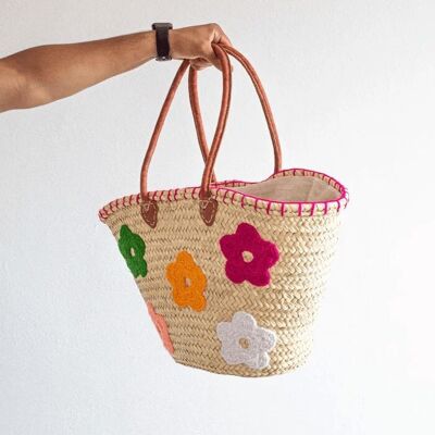 Moroccan Straw Basket with Vibrant Crochet Flower Embroidery