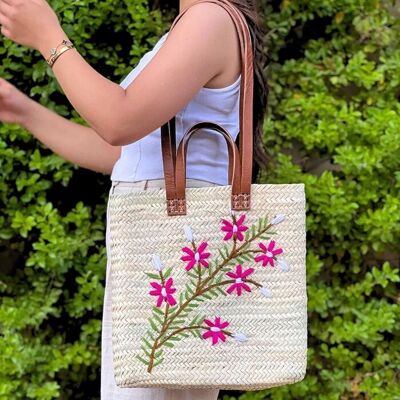 Sac fourre-tout en paille brodé à la main avec poignées en cuir