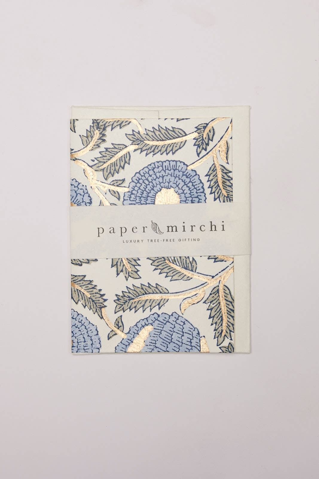 Handbedruckte Grußkarte mit Blockdruck – Marigold Glitz Blue Stone