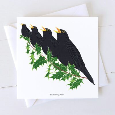 Weihnachtskarte mit vier rufenden Vögeln