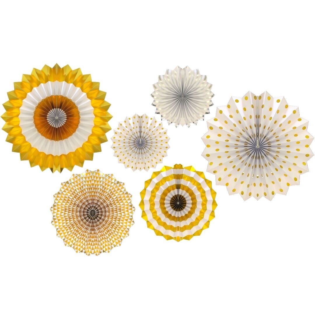 Hanging Paper Fans (6pk) - Gold & White