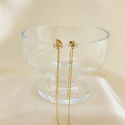 Gold Rhinestone Encrusted Cross Earrings With Double Long Chains