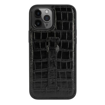 Funda de piel para iPhone 12 Pro Max con lazo para el dedo en relieve de cocodrilo negro