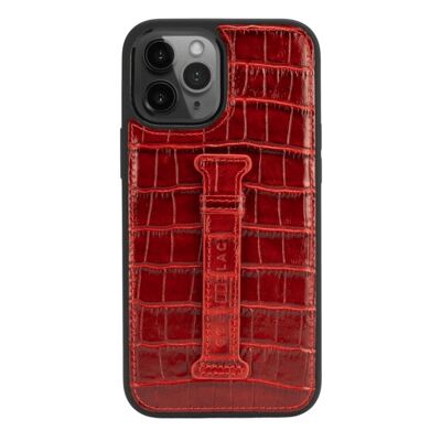 iPhone 12 Pro Max leather sleeve with croco embossing finger loop red