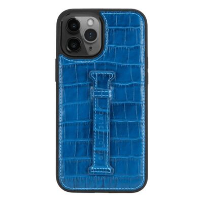 Funda de piel para iPhone 12 Pro Max con lazo para el dedo en relieve de cocodrilo azul