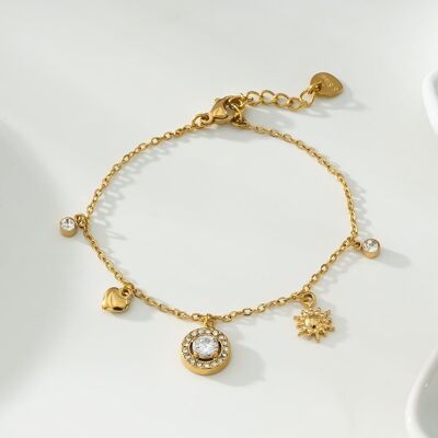 Bracciale Dorato Con Pendenti Multi Strass Sole E Placca Cuore