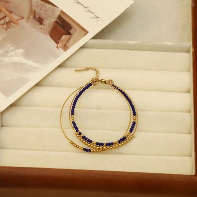 Gold Triple Bangle Bracelet with Fine Blue and Gold Pearls