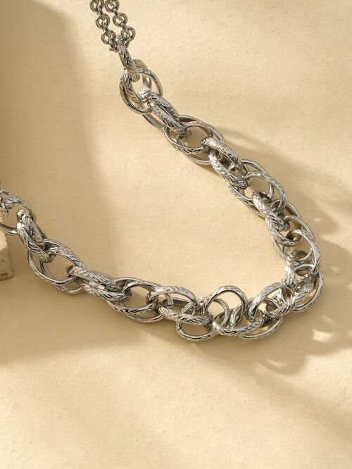Collier Argenté Large Maillons Lisses Et Tressés Double Couches