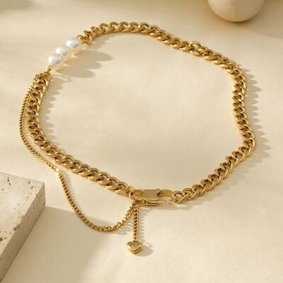 Gold Necklace Large Chain With Triple Pearls And Heart Pendant