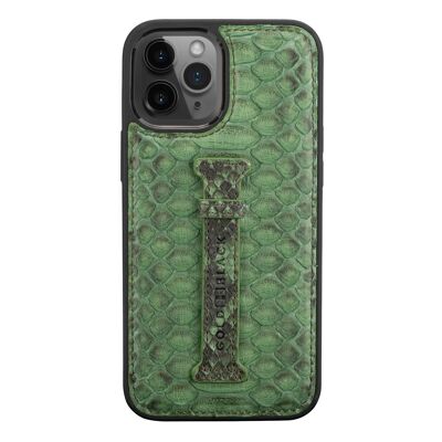 iPhone 12 Pro Max leather sleeve with finger loop python grass green