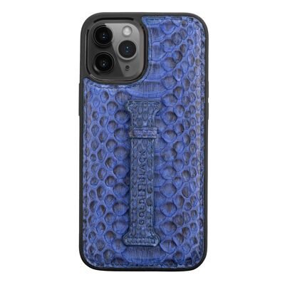 iPhone 12 Pro Max leather sleeve with finger loop python blue