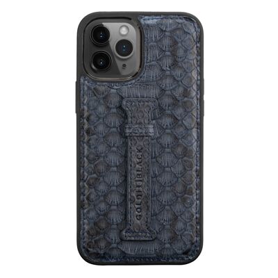 Custodia in pelle per iPhone 12 Pro Max con passante per le dita in pitone blu navy