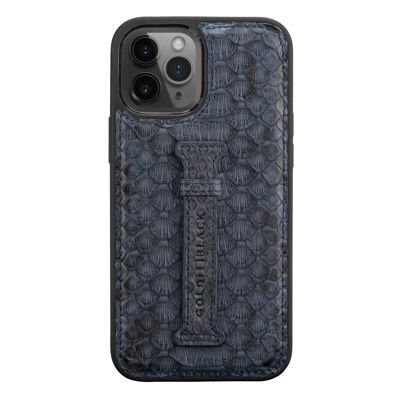 iPhone 12 Pro Max leather sleeve with finger loop python navy blue