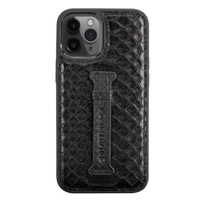 iPhone 12 Pro Max leather sleeve with finger loop Python deep black