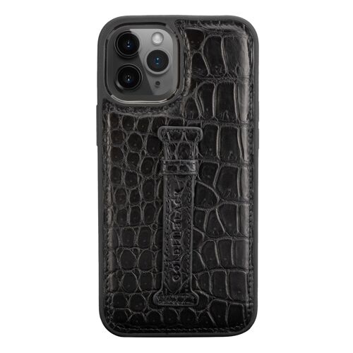 iPhone 12 Pro Max Lederhülle mit Fingerschlaufe Crocodile Schwarz