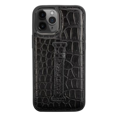 iPhone 12 Pro Max leather sleeve with finger loop Crocodile Black