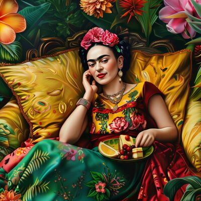 Frida Kahlo: Frida Kahlo with platter of delicacies | Fripperies Map