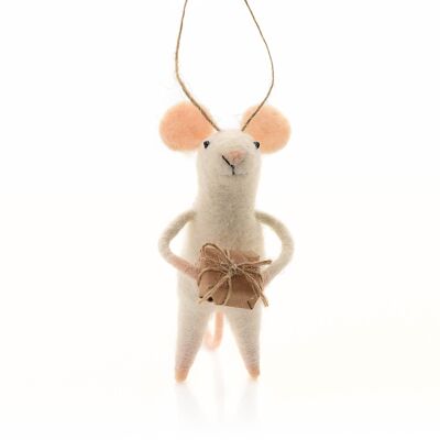 Décoration de sapin de Noël en forme de souris en feutre, souris portant un cadeau de Noël