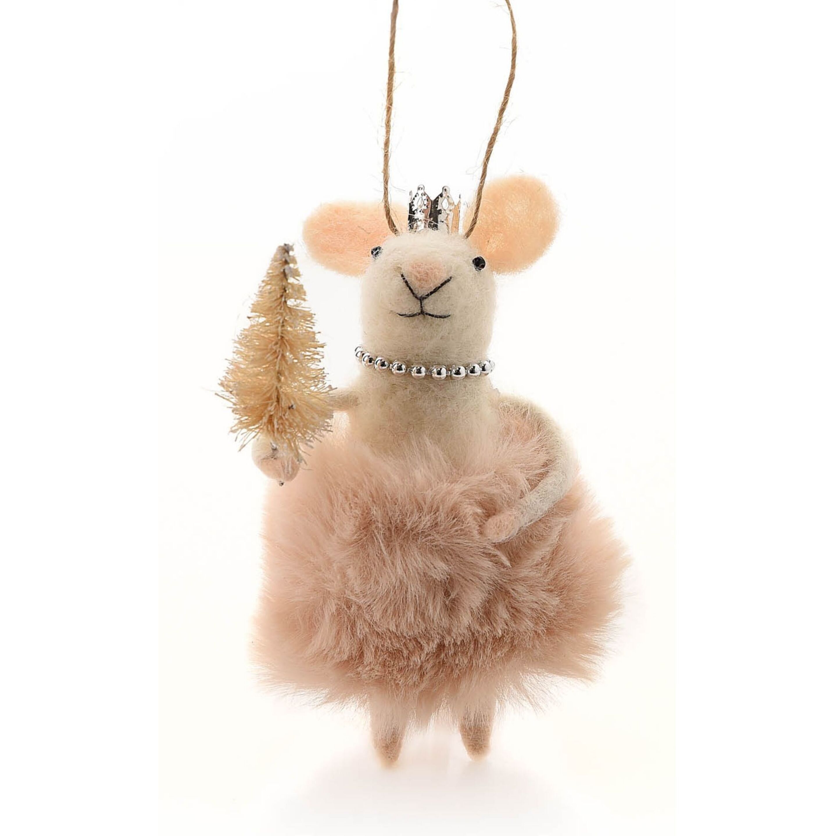 Decorazione in feltro a forma di albero di topi, topo che indossa un cappotto di pelliccia sintetica rosa che tiene in mano un albero dorato, fantastico regalo originale per gli amanti dei topi