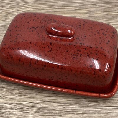 Beurrier avec couvercle émaillé rouge moucheté