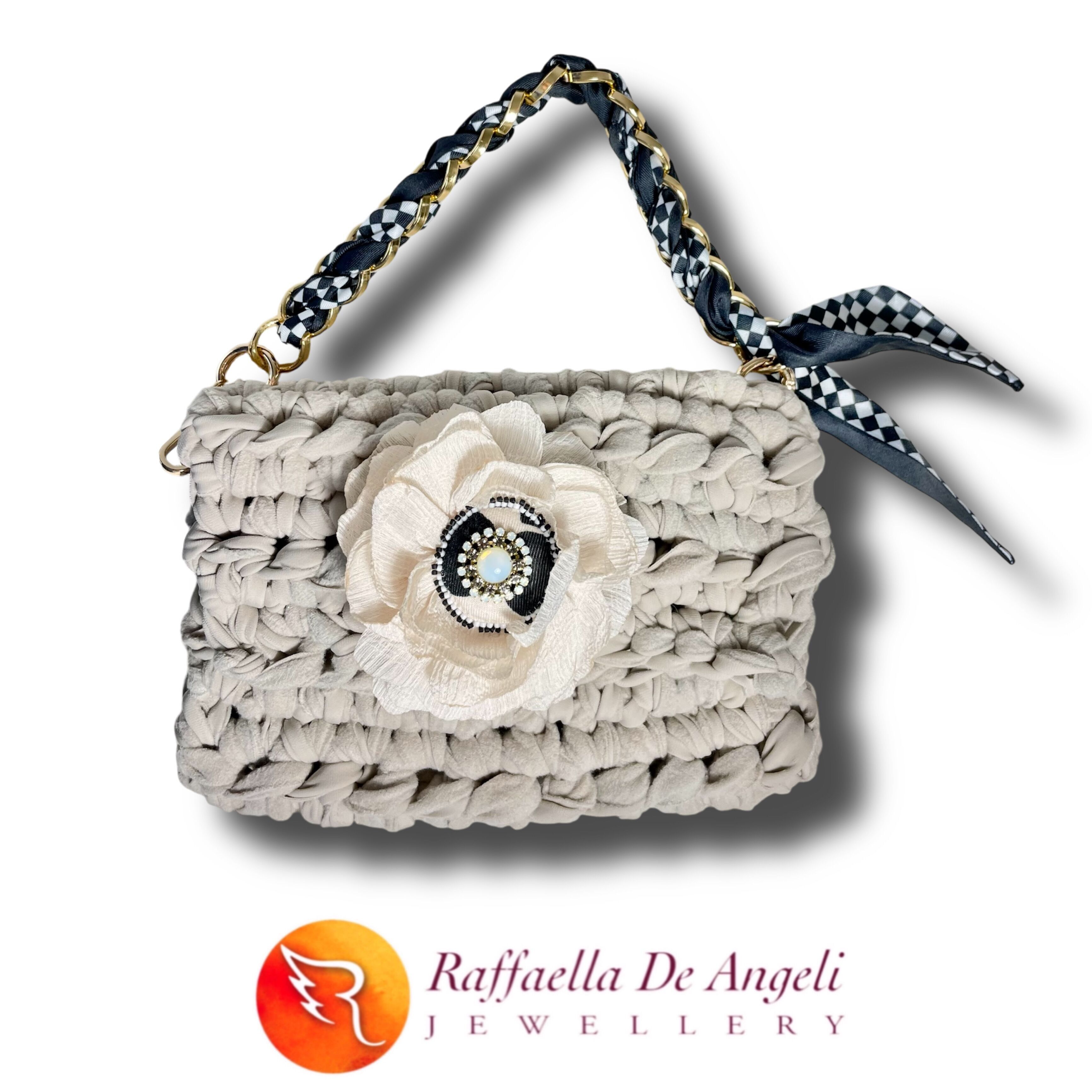 Crochet bag ribbon grey melange and flower 07