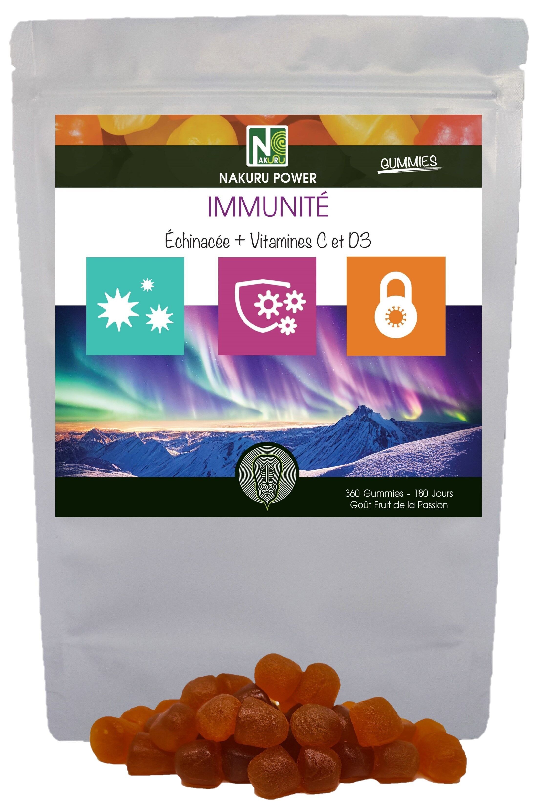 NAKURU | Immunity Gummies | 360 Gummies / 180 Days | Power Range | Flavor: Passion Fruit | Made in France | "Echinacea + Vitamins C and D3!