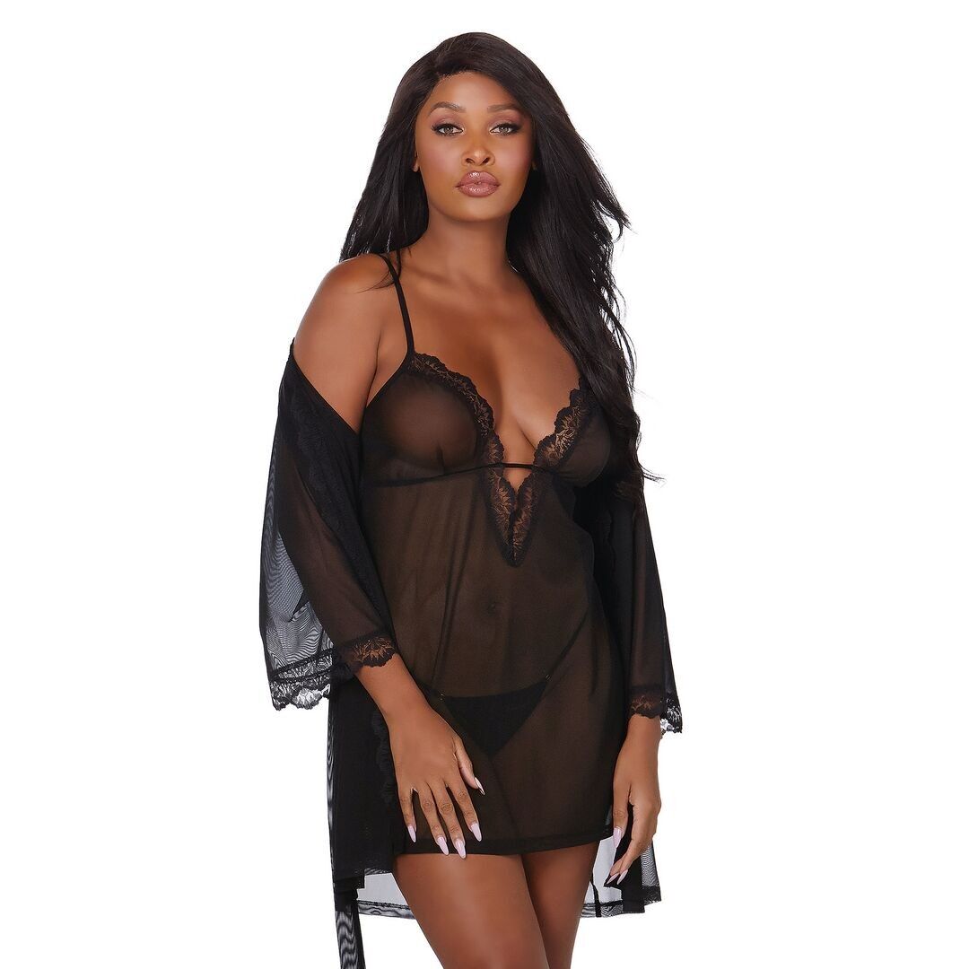 Stretch Mesh Chemise and Robe Set - S