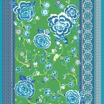 Etole foulard en laine motif fleurs pivoines Caucase, vert 2