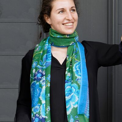 Wool scarf stole with Caucasian peony flower pattern, green