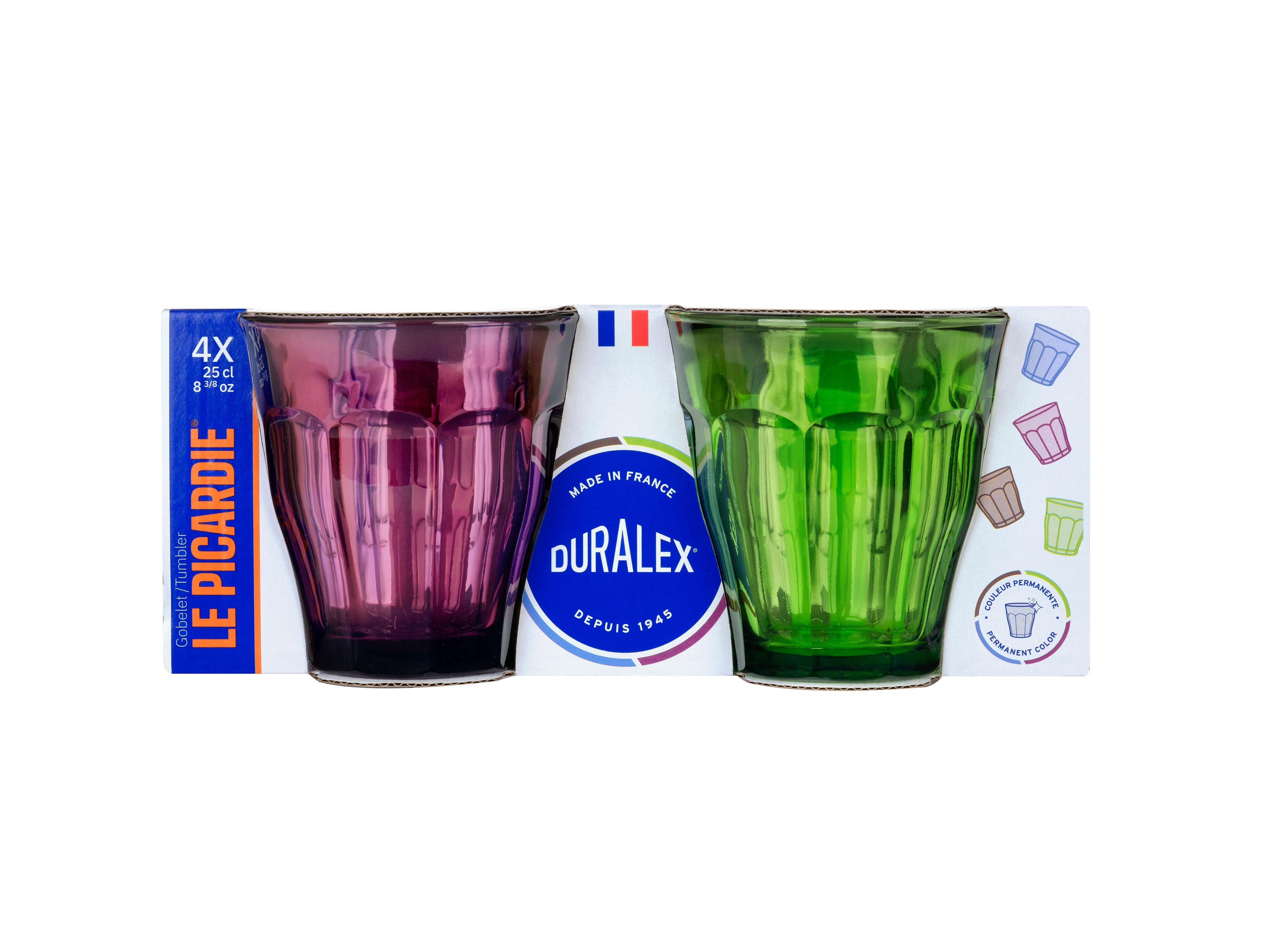 Vaso Picardie 25cl Multitono (ciruela, gris, azul marino, verde) x4 - Vidrio Duralex