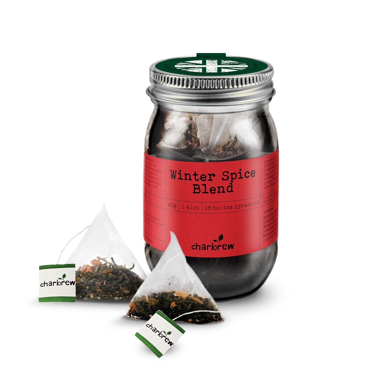 Wintergewürzteebeutel im Einmachglas – 16 biologisch abbaubare Pyramidenbeutel