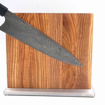 knife block made of olive ash and stainless steel base