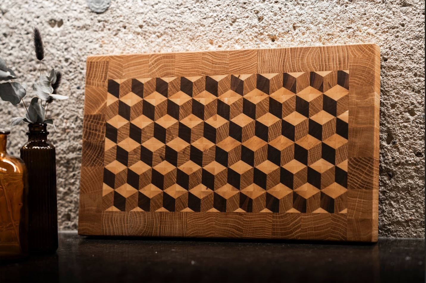 Tagliere a forma di cubo 3D a grana fine con bordo in rovere